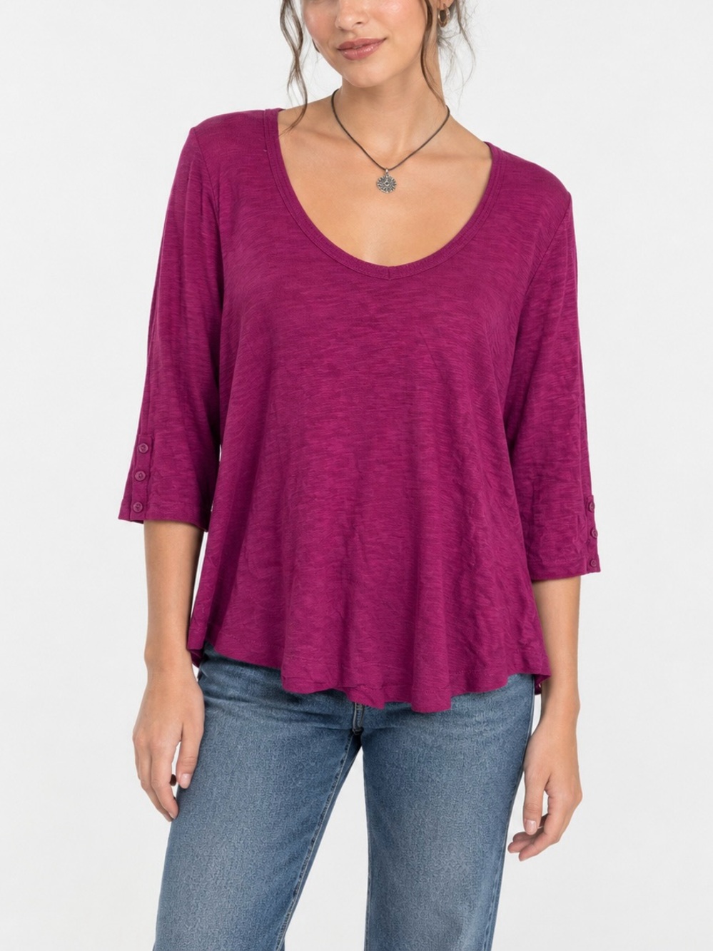 Chicos Cotton Blend Cropped Sleeve Top Fuchsia Pink Purple Casual Relaxed Fit